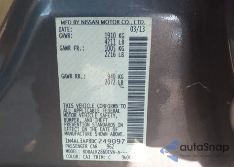 2013 Nissan Altima 2.5 S z USA, uszkodzony, nr VIN 1N4AL3AP8DC249097